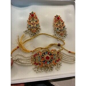 Nauratan Choker Jewelry Set Semi Precious stone Indian Pakistani Bridalwear NWT